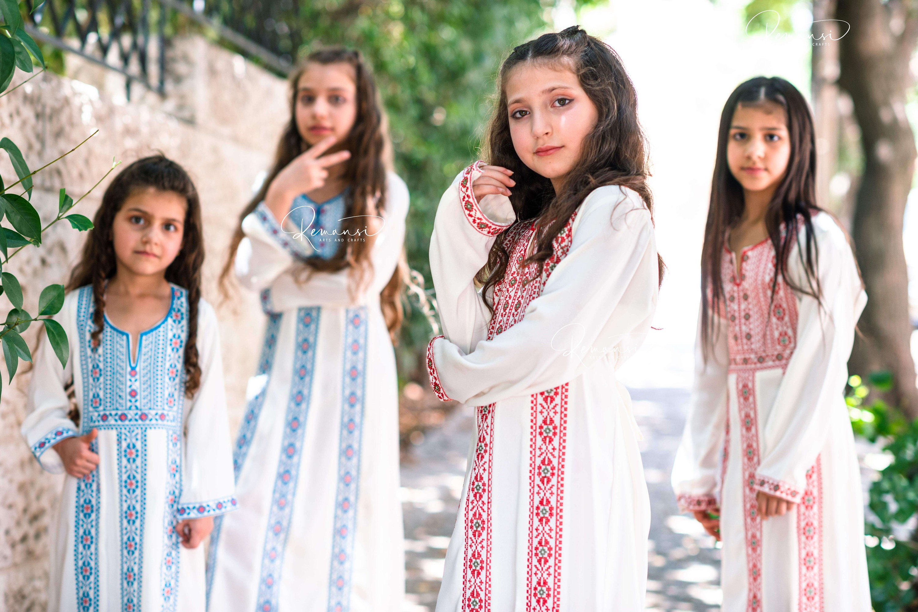 Remansi Palestinian Mediterranean Traditional White Tatreez Thob Thoub Thoube Thobe Dress with Red embroidery Machine Cross Stitch for Baby Girl