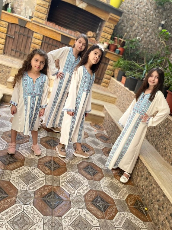 Palestinian Mediterranean Tatreez Thob/ Thoub/ Thoube/thobe Dress With Blue  Embroidery Cross Stitch Short or Maxi for Girl for Eid & Ramadan 