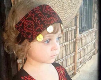 Palestinian Tatreez Embroidered Headband with Gold Coins red and black