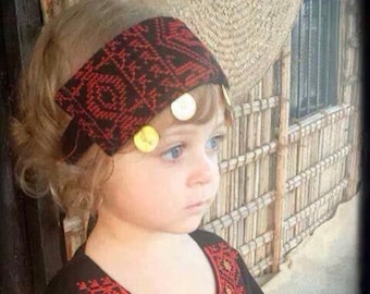 Mediterranean Palestinian tatreez embroidered black and red headband with coins for women and girls