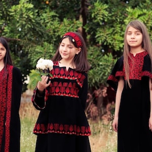 Palestinian layered ruffle dress Tatreez Thob thoub Thoube Thobe dress with red embroidery machine cross stitch for girl for Eid