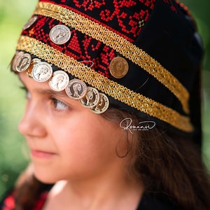 Palestinian Tatreez Embroidered Turban Hat with Coins red and black, red and white
