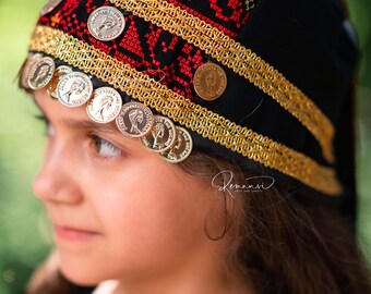 Palestinian tatreez turban hat with coins Palestinian Tatreez Embroidered Turban Hat With Gold Coins  main image 3