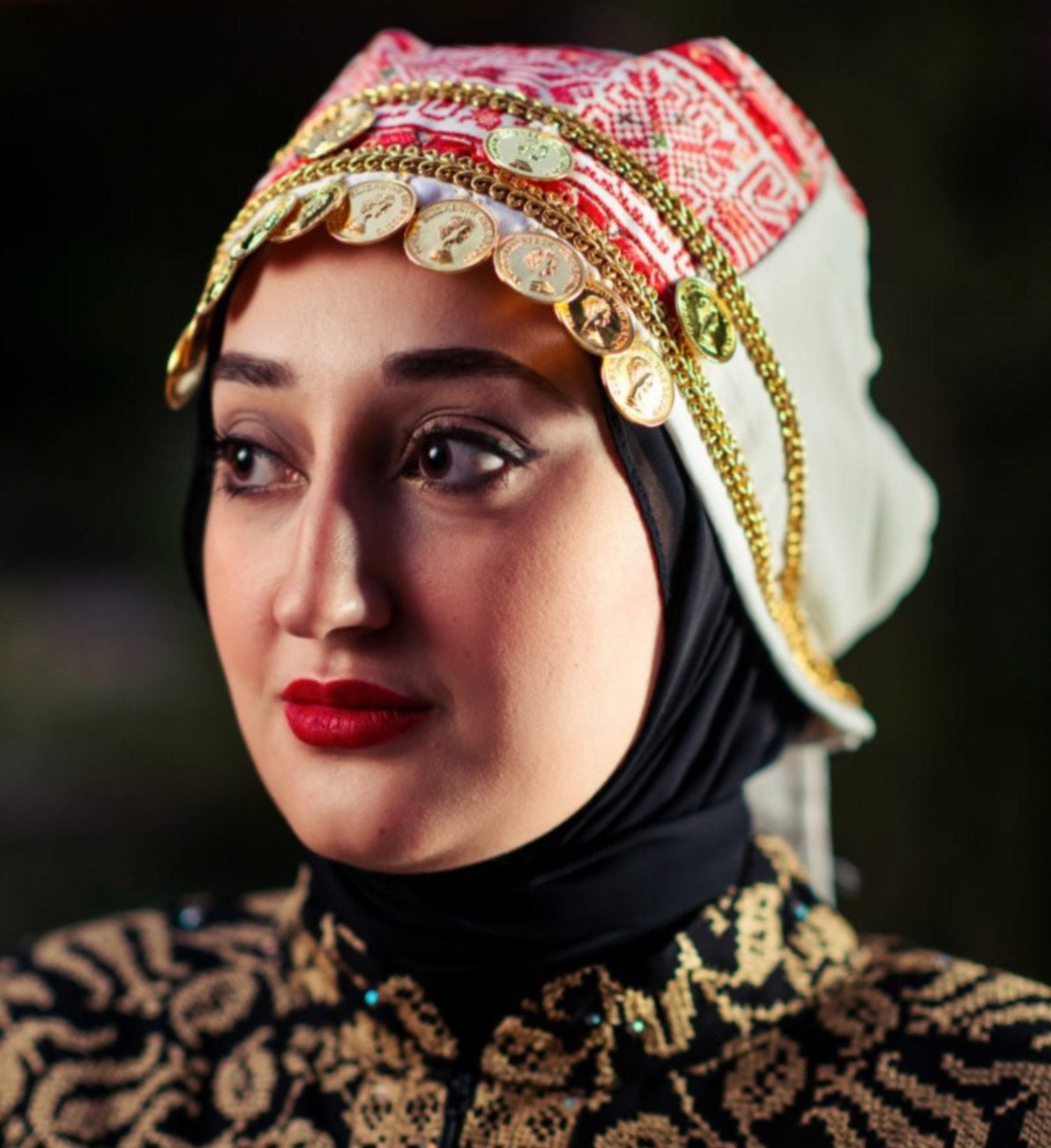 Palestinian tatreez turban hat with coins Palestinian Tatreez Embroidered Turban Hat With Gold Coins  main image 4
