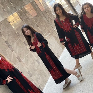 Palestinian Mediterranean traditional Tatreez Thob/ Thoub/ Thoube/ Thobe dress with red embroidery/ machine cross stitch for baby/ girl