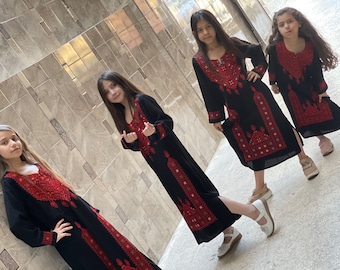Palestinian Mediterranean traditional Tatreez Thob/ Thoub/ Thoube/ Thobe dress with red embroidery/ machine cross stitch for baby/ girl