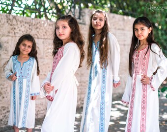 Palestinian Mediterranean traditional white Tatreez Thob/Thoub/ Thoube/ Thobe dress with red embroidery/ machine cross stitch for baby/ girl