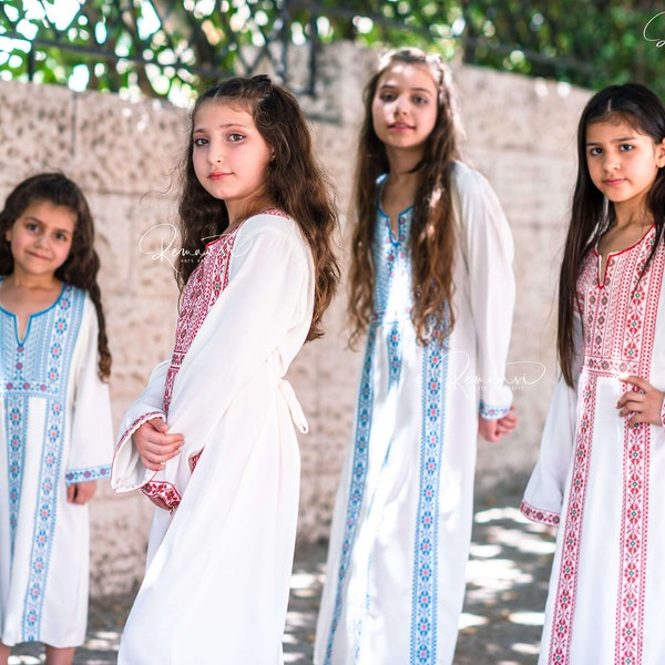 Palestinian Mediterranean traditional white Tatreez Thob/Thoub/ Thoube/ Thobe dress with red embroidery/ machine cross stitch for baby/ girl