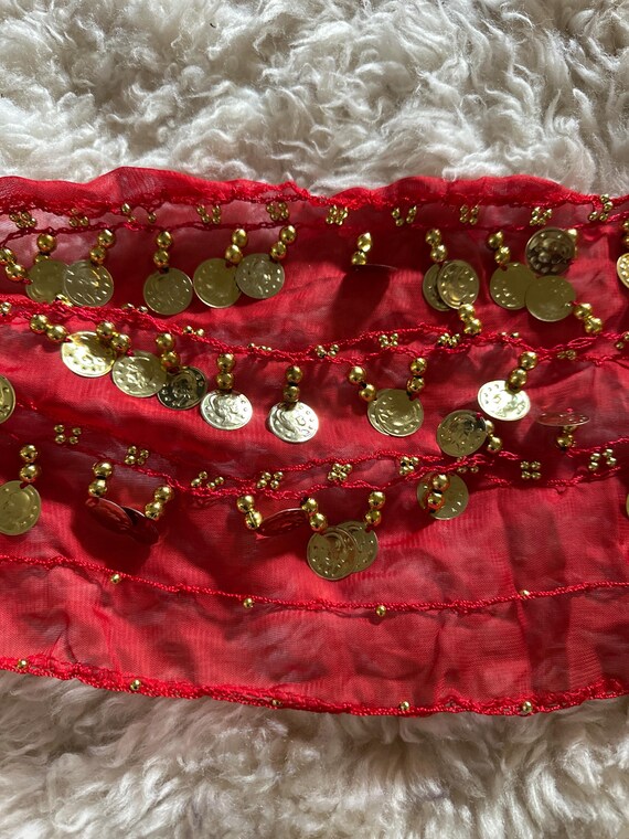 Red Belly Dance Scarf, Belly Dancing Coin Sash Costume with Gold Coins