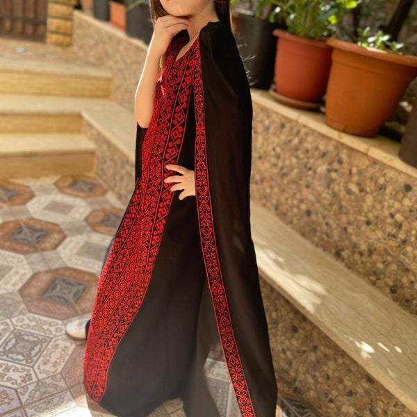 Palestinian Tatreez Middle Eastern Mediterranean embroidery Tatreez thoube thobe thob thoub dress with cape 4 girls for wedding Eid Ramadan