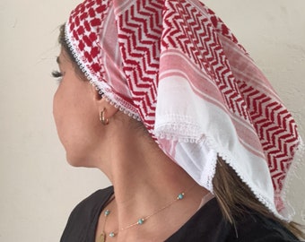 Palestinian Kuffieh Headband: Red and White hattah Hatta Scarf.