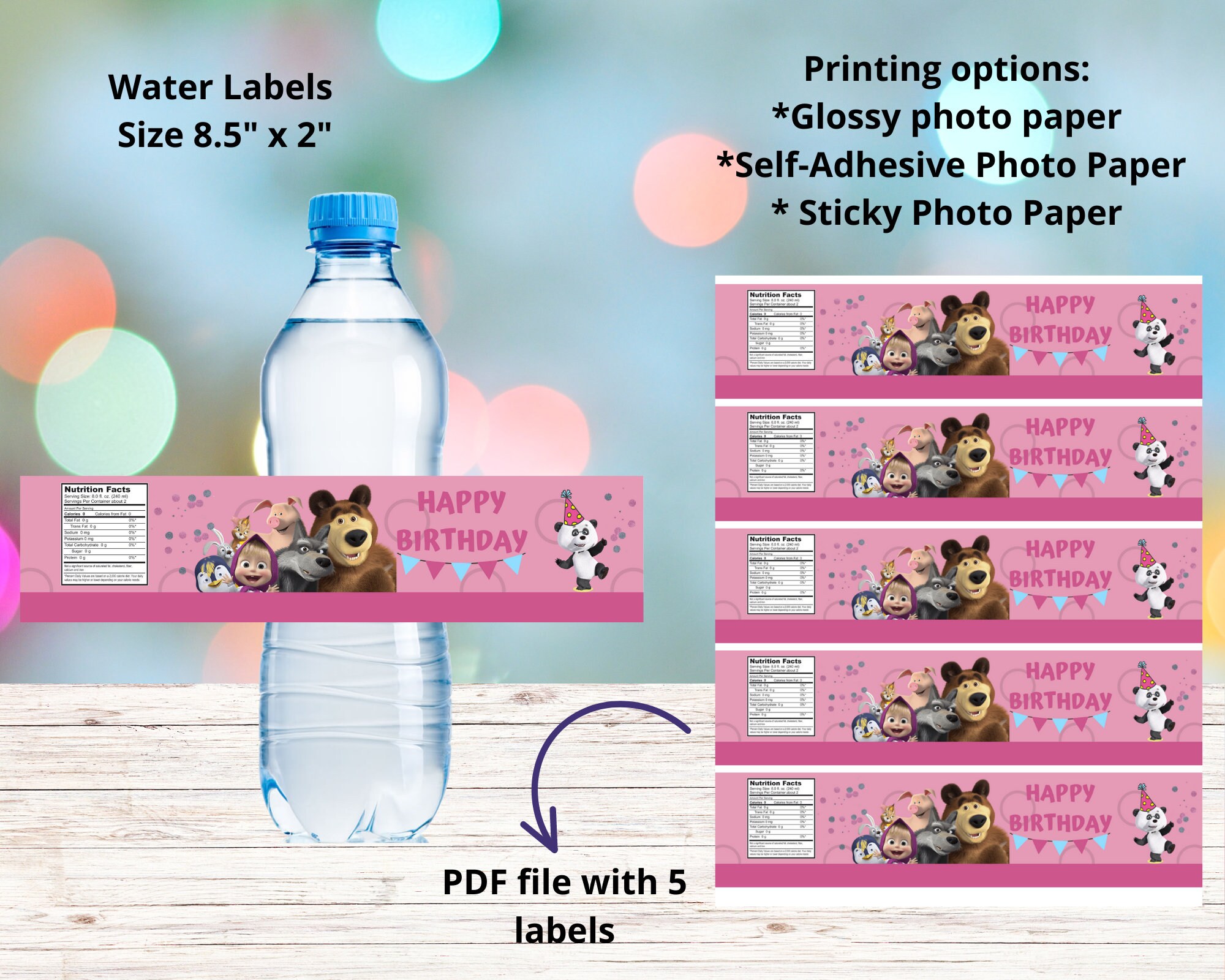Masha &amp; the Bear Water Bottle Labels Printable Birthday - Etsy
