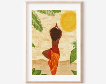 African Woman Yoga | Women Art Print |  | Yoga Art| Wall Art |Black Artwork| Afro Women Art | Afro Art| Tropical Print| African Wall Art