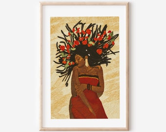 Self love print| | Black Art | Botanical Roses Print | Wall Art | African Woman| Gift For her