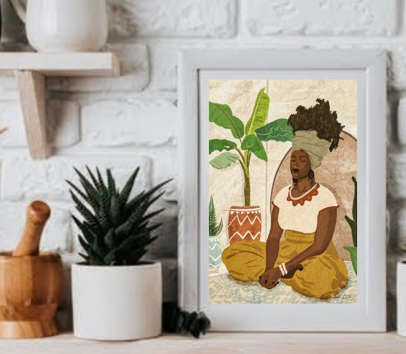 African Woman Art Meditation Art Print Yoga Print Wall Art black Yoga