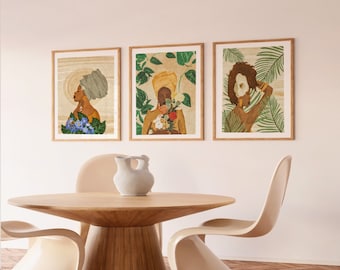 Botanical Prints |  Modern African Wall Art |Set of 3 Art Prints|  African Art| Black Girl Floral Art Set| Gallery Wall| African Décor
