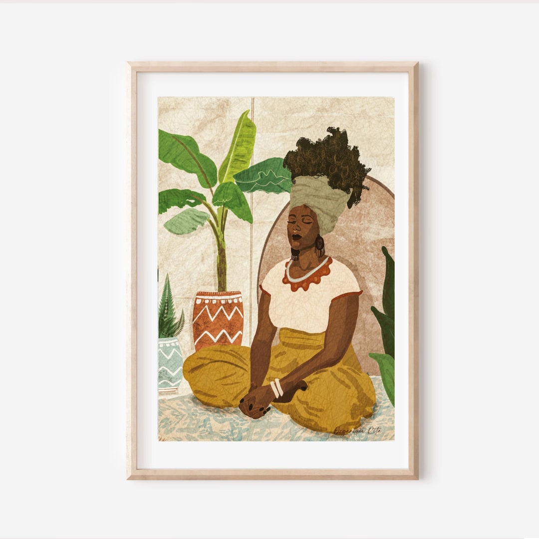 African Woman Art Meditation Art Print Yoga Print Wall Art black Yoga