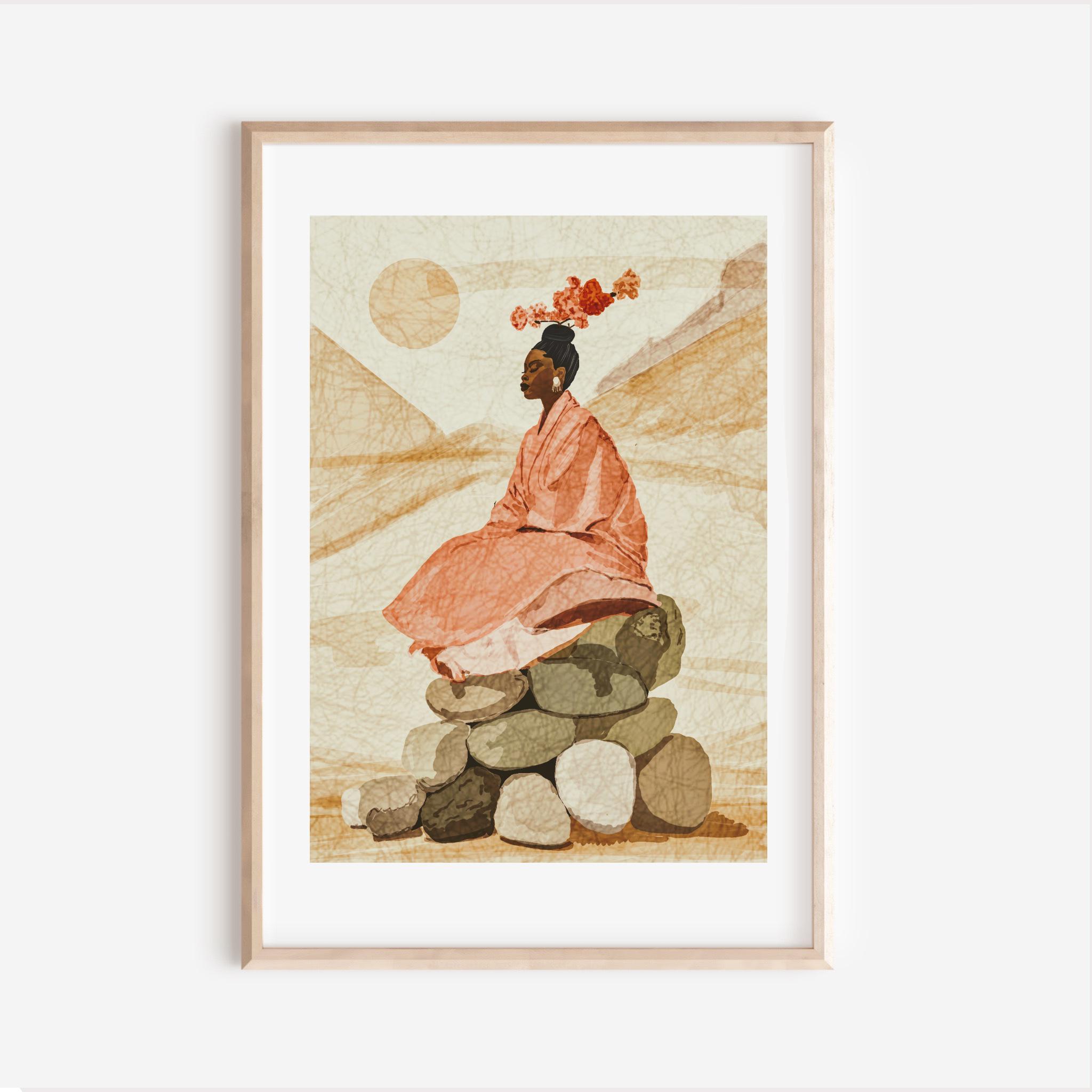 Pink Flowers | African Woman  |  | Art| Wall Art |Black Artwork| Afro Women Horizon | Afro Art| Pink Beige Print| African Wall Art