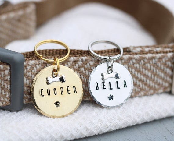 Personalised Dog/Cat Tags - Hand Stamped Aluminium or Brass Textured Pet ID Tag