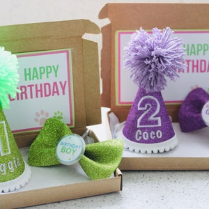 May include: Two boxes containing dog birthday party hats and bow ties. The green box contains a green glitter hat with a white pom-pom and the number 1 on it. The hat says "Reggie" on it. The box also contains a green glitter bow tie with a blue circle that says "Birthday Boy". The purple box contains a purple glitter hat with a purple pom-pom and the number 2 on it. The hat says "Coco" on it. The box also contains a purple glitter bow tie with a white circle that says "Birthday Girl".