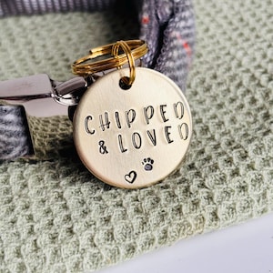 Personalised Dog/Cat ID Tags | Hand Stamped Brass/Aluminium Tag Pet Tag | Chipped & Loved