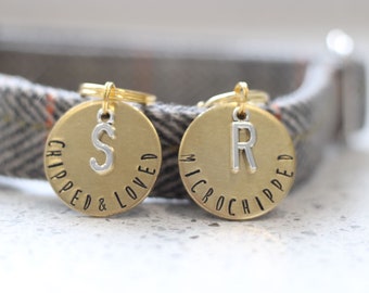 May include: Two round, gold-colored pet ID tags with silver letter charms. One tag has an "S" charm and the words "CHIPPED & LOVED" stamped around the edge. The other tag has an "R" charm and the words "MICROCHIPPED" stamped around the edge.