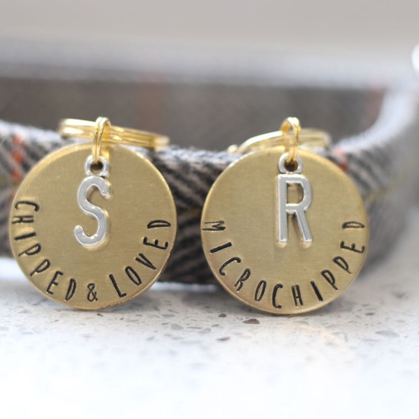 Personalised Dog/Cat Tags - Hand Stamped Brass Tag with Initial Charm