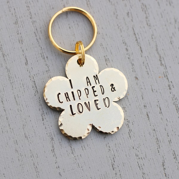 Personalised Dog Tag | Hand Stamped | Brass Flower Shaped ID Tag | Chipped & Loved