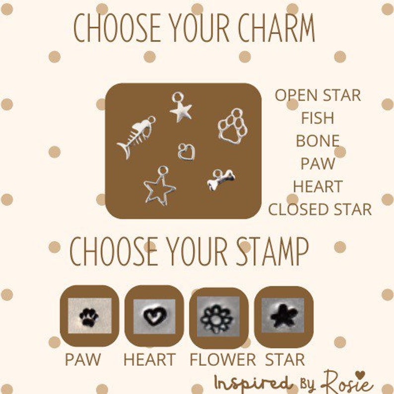 K&ouml;nnte beinhalten: Eine Tabelle mit Bildern von verschiedenen Charms und Stempeln f&uuml;r die Schmuckherstellung. Die Charms umfassen einen Fisch, einen Knochen, einen Pfotenabdruck, ein Herz, einen offenen Stern und einen geschlossenen Stern. Die Stempel umfassen einen Pfotenabdruck, ein Herz, eine Blume und einen Stern.