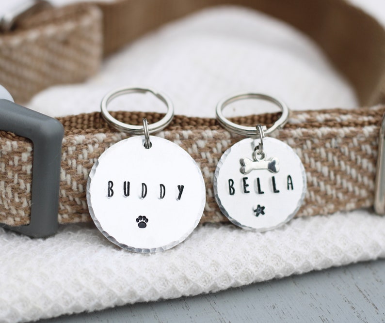 K&ouml;nnte beinhalten: Zwei silberne Hundemarken mit den personalisierten Namen "Buddy" und "Bella". Die Marken sind an einem braunen und wei&szlig;en Hundehalsband befestigt.