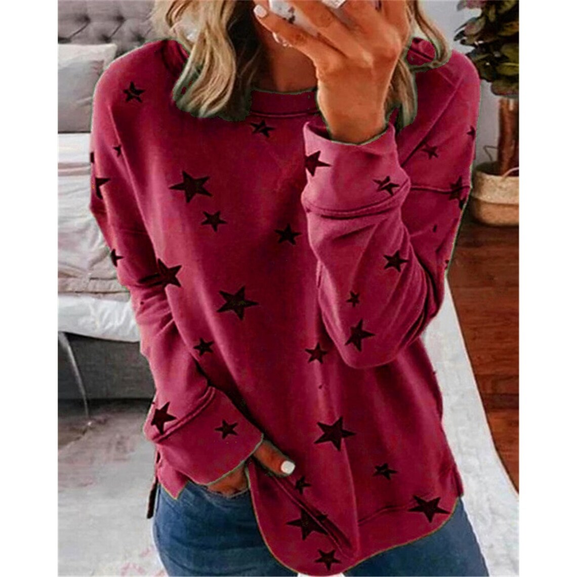 Crew Neck Sweatshirt Stars Print Sweatshirt Long Sleeve Women Etsy