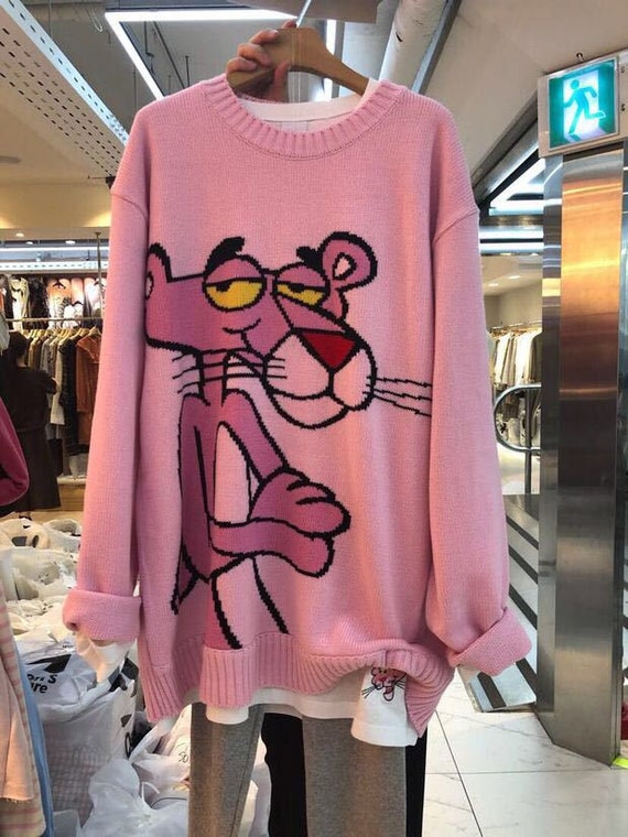 Pink Panther Paint Knitted Loose Sweater Women Kawaii | Etsy