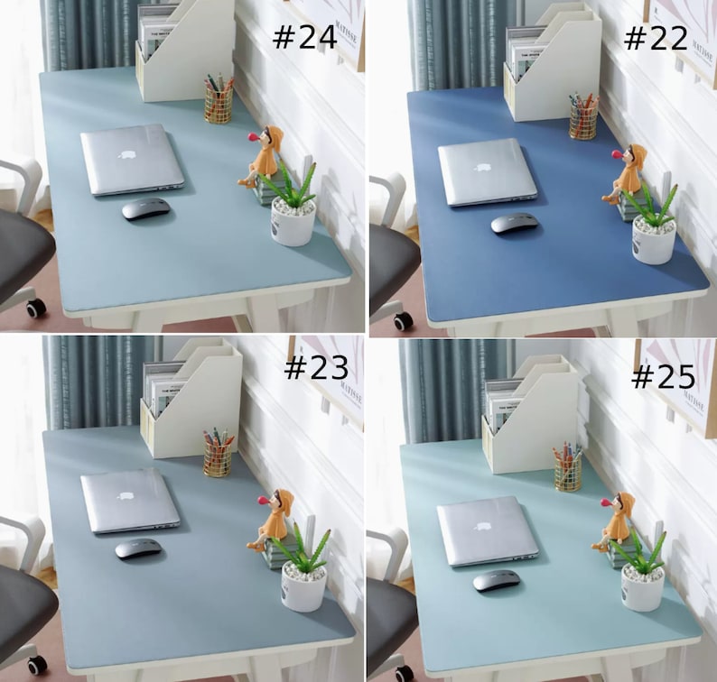 May include: Four different colored desk mats with a laptop, mouse, potted plant, and a small figurine on each. The mats are labeled #22, #23, #24, and #25.