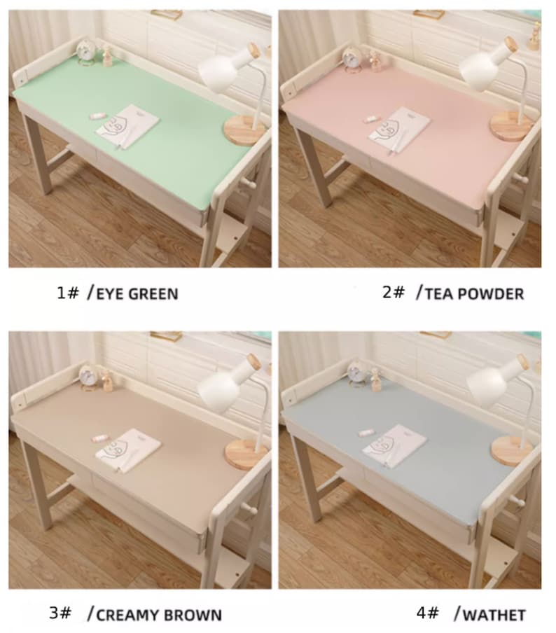 May include: Four different colored desk mats on a white desk with a lamp and a small clock. The mats are eye green, tea powder, creamy brown, and wathet.