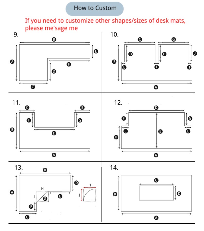 May include: Diagram showing nine different shapes of desk mats with labeled measurements for customization.  If you need to customize other shapes/sizes of desk mats, please me'sage me.