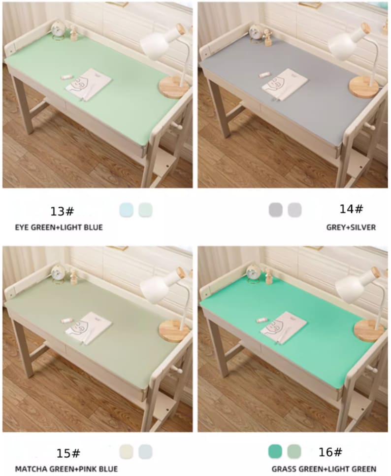 May include: Four different colored desk mats with a white desk and a lamp on each. The mats are light green, gray, light green, and green. The text on the image reads: 13# EYE GREEN+LIGHT BLUE, 14# GREY+SILVER, 15# MATCHA GREEN+PINK BLUE, 16# GRASS GREEN+LIGHT GREEN.