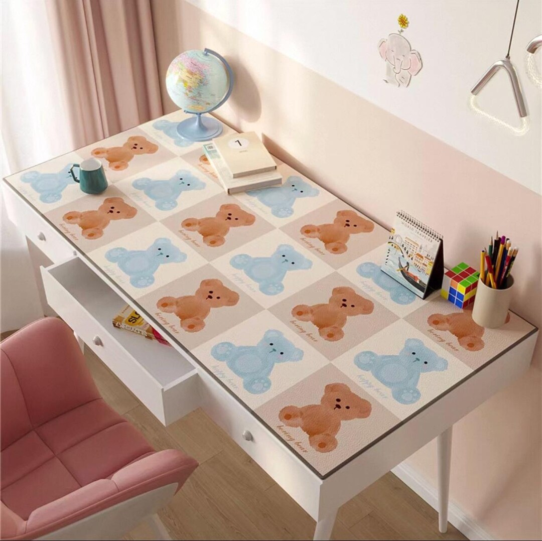 Cute Bear Desk Mat, Beige Checkerboard Mouse Pad, Anti-slip Playmat ...