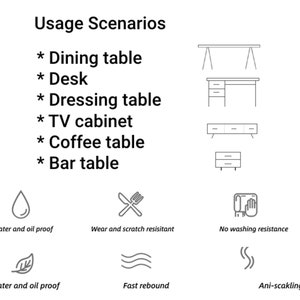 May include: A diagram showing different types of tables, including dining, desk, dressing, TV cabinet, coffee, and bar tables. The diagram also shows icons representing water and oil proof, wear and scratch resistant, and no washing resistance.
