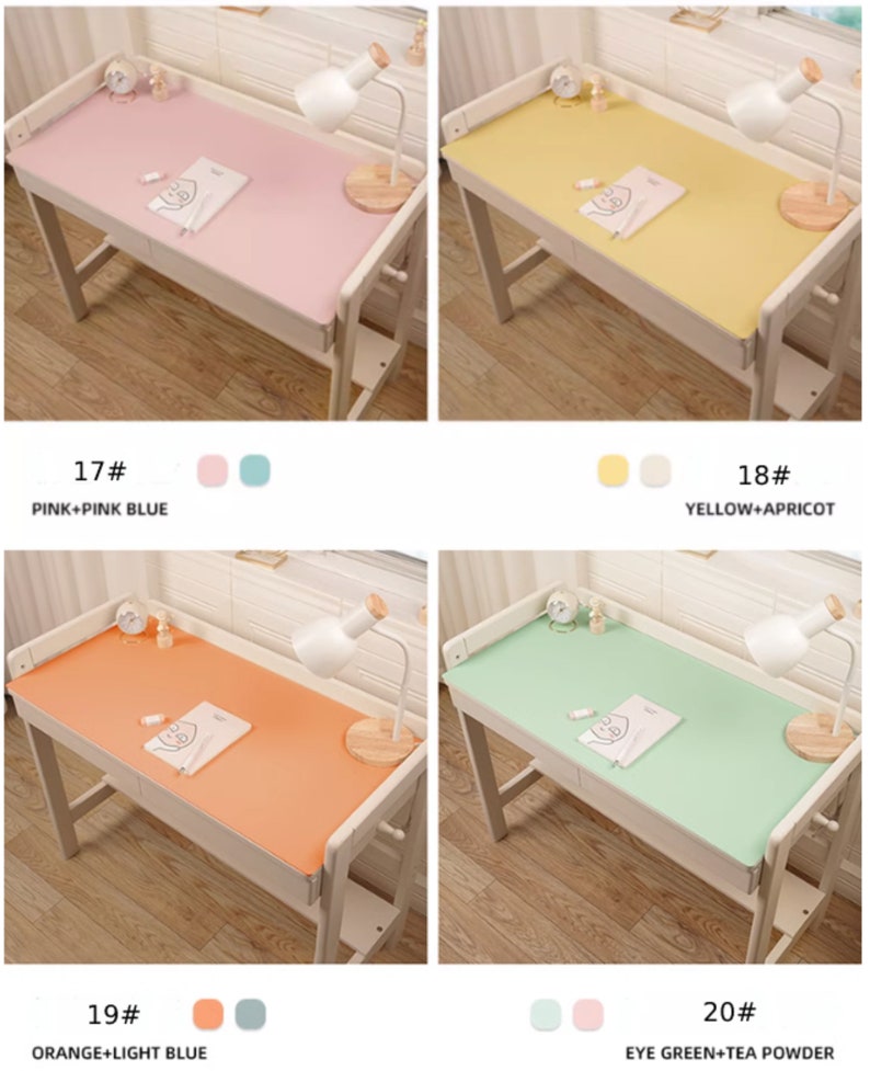 May include: Four different colored desk mats with a white desk and a lamp on each. The mats are pink, yellow, orange, and green. The text on the image reads "17# PINK+PINK BLUE", "18# YELLOW+APRICOT", "19# ORANGE+LIGHT BLUE", and "20# EYE GREEN+TEA POWDER".