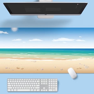 May include: A blue and white beach scene desk mat with a sandy beach, blue ocean, and white clouds. The mat is designed to look like a beach scene.