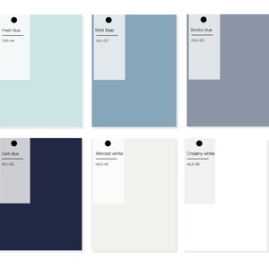May include: Six paint color swatches with names and codes. The colors are: Fresh blue (YXO-44), Mist blue (HL1-27), Smoky blue (HLO-23), Dark blue (HL1-02), Almond white (HLO-40), and Creamy white (HLO-55).