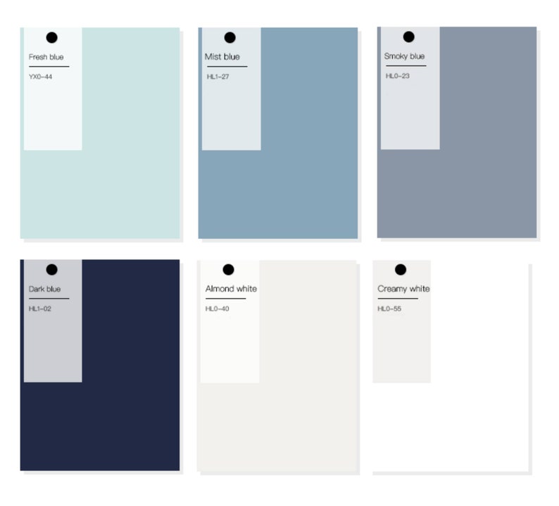 May include: Six paint color swatches with names and codes. The colors are: Fresh blue (YXO-44), Mist blue (HL1-27), Smoky blue (HLO-23), Dark blue (HL1-02), Almond white (HLO-40), and Creamy white (HLO-55).