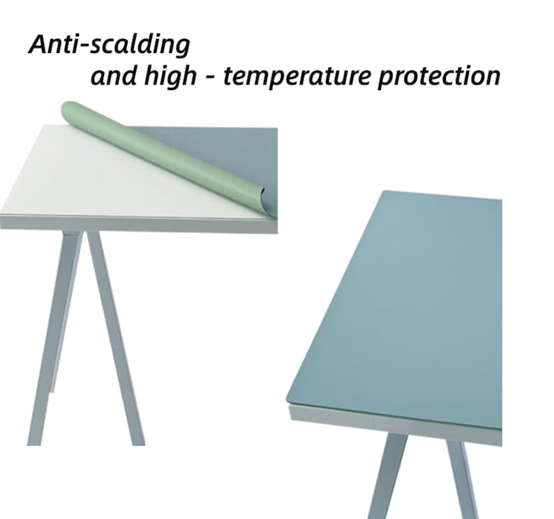May include: A light blue table mat with a green underside. The mat is designed to protect surfaces from heat and prevent scalding.  Anti-scalding and high-temperature protection.