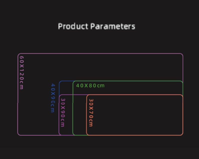 May include: Diagram showing different sizes of rectangular mouse pads. The largest mouse pad is 60 x 120 cm, the next size is 40 x 80 cm, the next size is 30 x 90 cm, and the smallest size is 30 x 70 cm.
