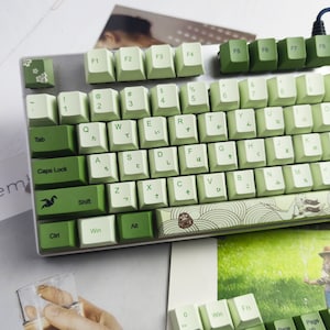 May include: A green and white mechanical keyboard with Japanese characters on the keys. The keyboard has a green and white floral design on the bottom row of keys. The keyboard is on a white surface.