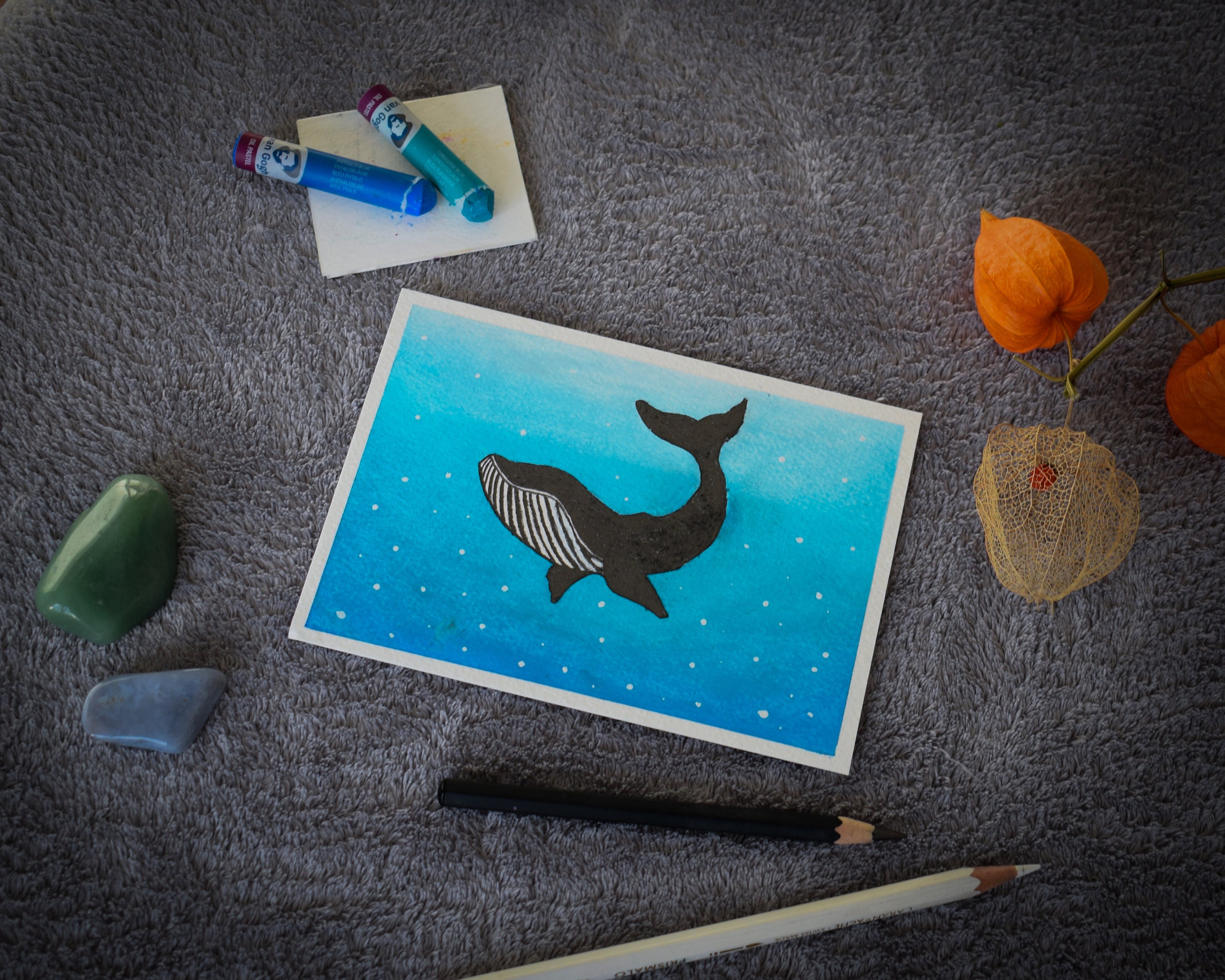 Buy Whale in the Sea Oil Pastel Drawing Postcard Wall Art Online in