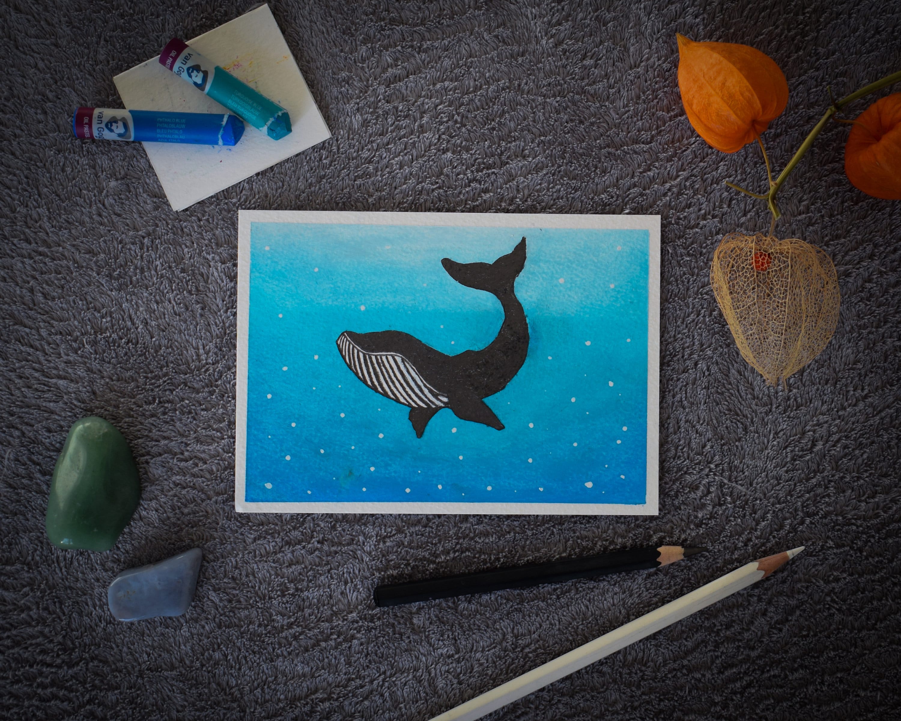 Buy Whale in the Sea Oil Pastel Drawing Postcard Wall Art Online in