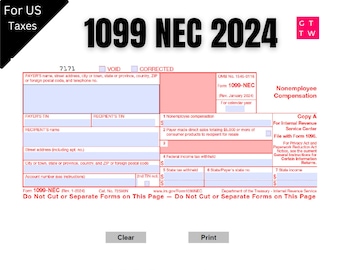 1099 NEC Editable PDF Fillable Template 2024 | With Print and Clear Buttons| Courier Font