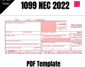 1099 NEC Editable PDF Fillable Template 2022 | With Print and Clear Buttons| Courier Font