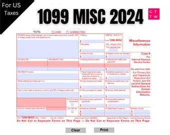 2024 1099-MISC IRS  Forms Copy A | Print Template PDF Fillable | With Clear and Print Buttons | Print on preprinted Form| Digital Download